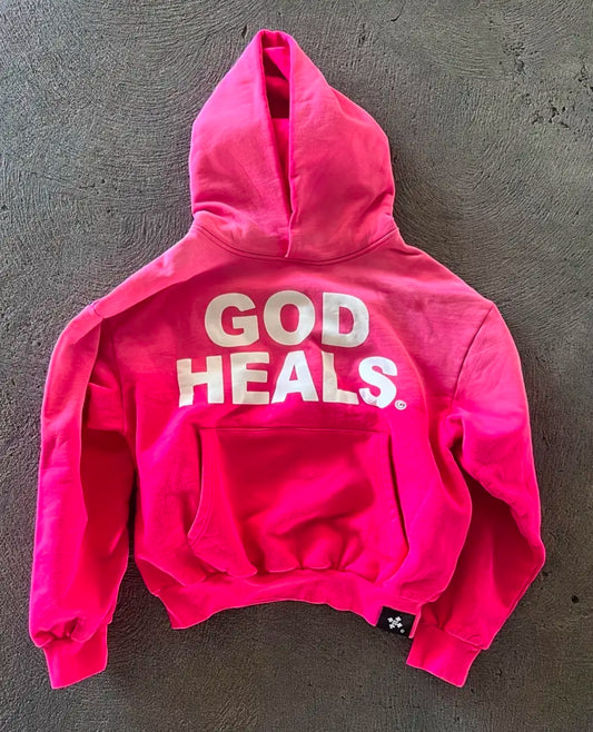 God Heals" Inspirational Print Hoodie - Casual Zip-Up Long Sleeve Jacket with Kangaroo Pocket, Cozy Polyester Blend, Machine Washable.