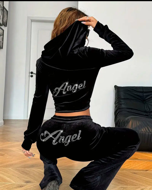 Autumn and Winter Black Rhinestone Decorated Hooded Zipper Top and Pocket Pants Women’s Casual Sports Suit